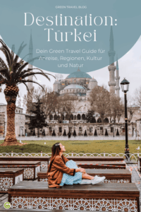 Frau sitzt auf einer Bank vor der Blauen Moschee in Istanbul mit Palmen und Laternen im Hintergrund