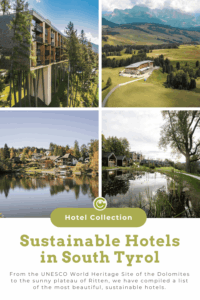 Collage of sustainable hotels in South Tyrol, featuring modern eco-friendly buildings amidst lush greenery, reflecting serene and natural environments.